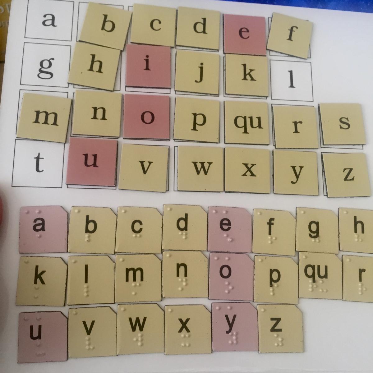 9 by 12 thin board with print alphabet tiles and also print plus braille alphabet tiles