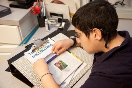 Boy with glasses uses a magnification device to read