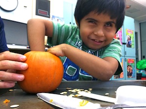 Child reaching into a pumpkin to pull out pumpkin seeds