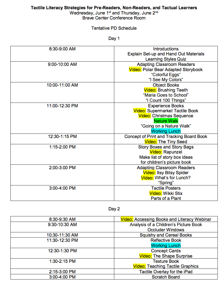 Tactile Literacy workshop schedule