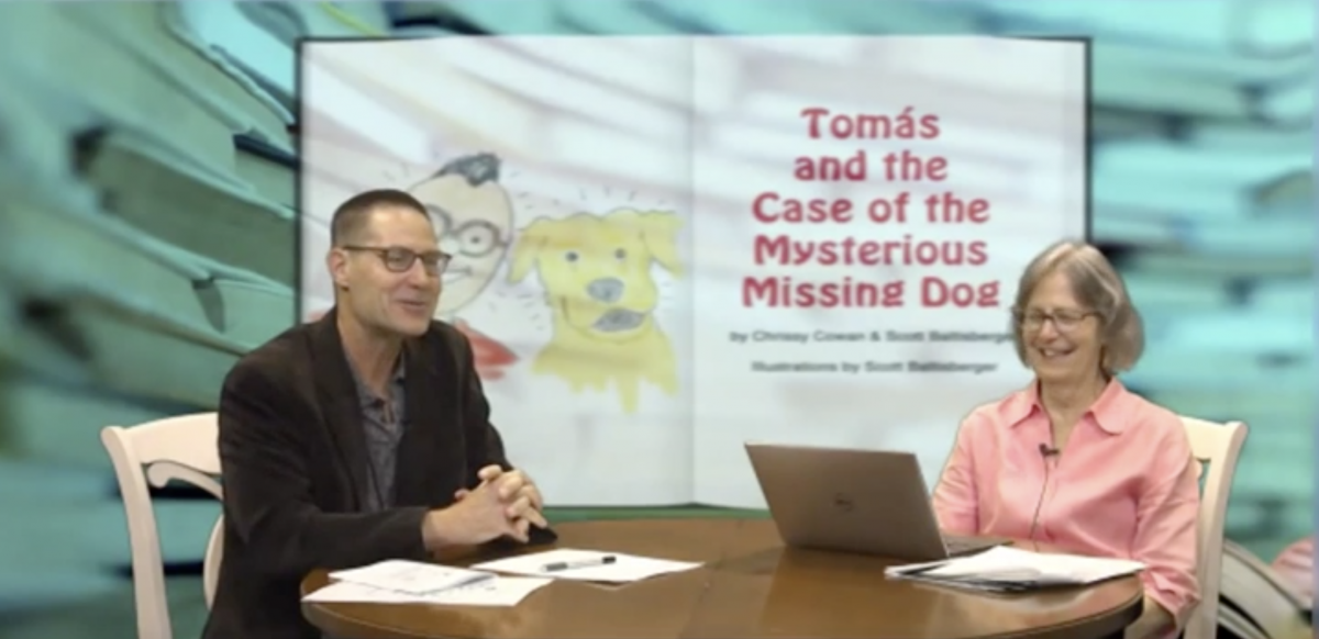 Scott Baltisberger and Chrissy Cowan presenting a webinar on Tomas and the Case of the Mysterious Missing Dog.