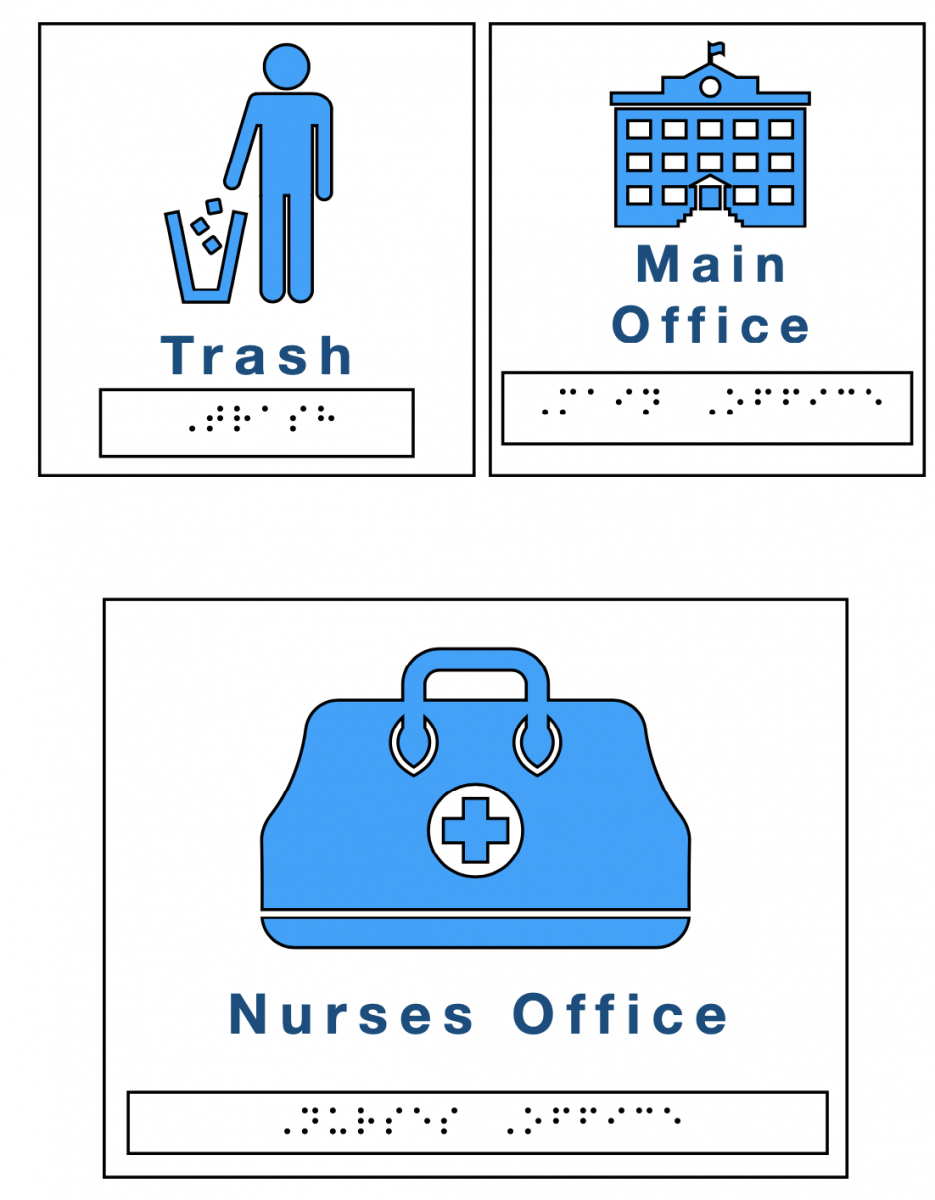 Signs in Simbraille and print: Trash, Main Office, Nurse's Office