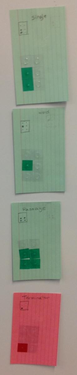 Click to view. Colored braille cards with single, word, passage, terminator