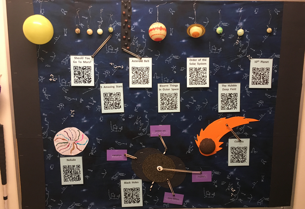 bulletin board with planets and star constellations, labeled with QR codes on cards