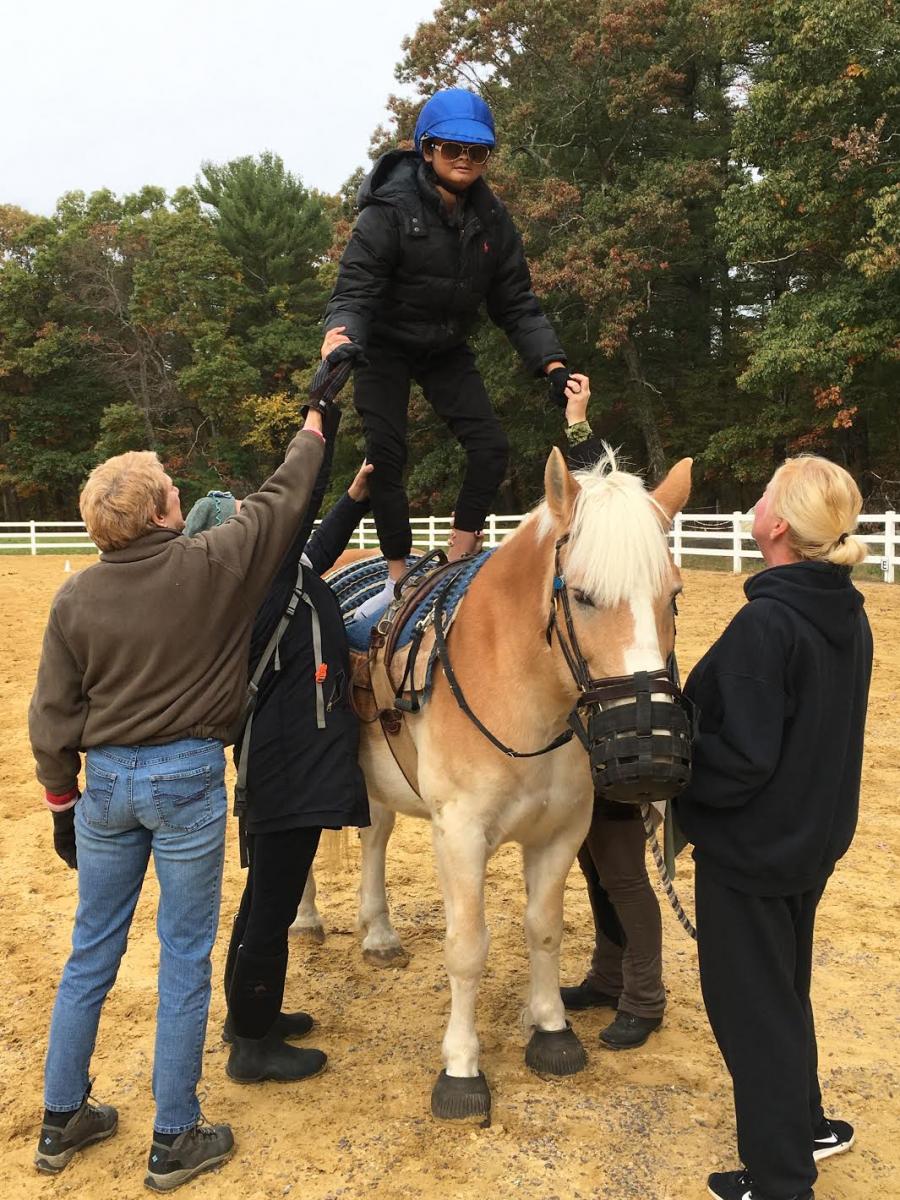 A boy stands on horseback