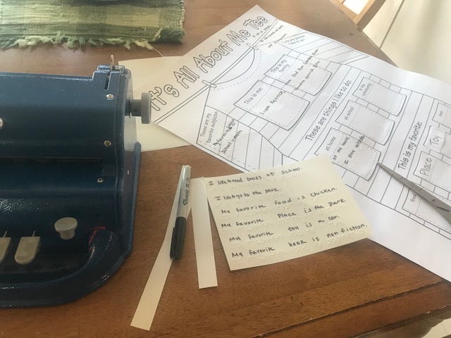 Click to enlarge braillewriter with Braillewriter and braille responses with "All About Me" assignment