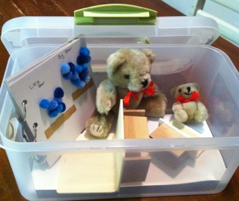 The storybox contains the book and related objects. Storybox with two bears