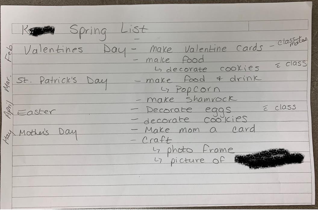 Handwritten notes about holiday activities