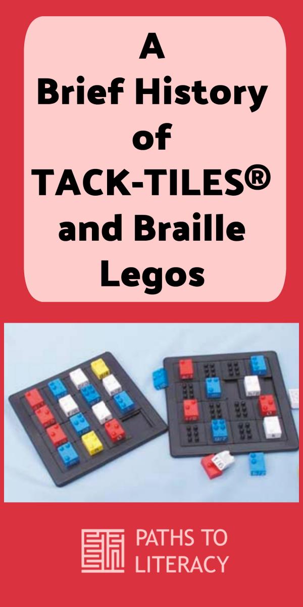 Collage of a brief history of Tack-Tiles and braille legos