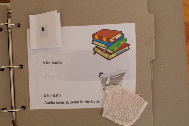 a page in a tactile book showing items that start with b, like book, and bath