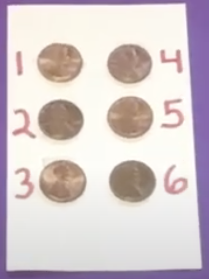 Braille cell made with pennies glued on to index card