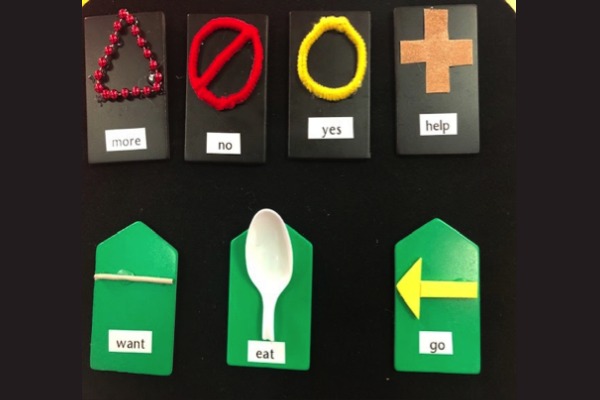 Tactile symbols felt board with 5 symbols for eat, go, stop, all done, yes, and, no