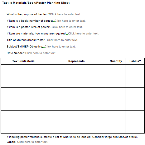 tactile materials planning sheet