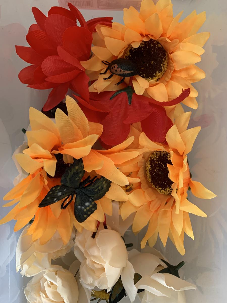 Task box with plastic flowers, butterflies, and other bugs