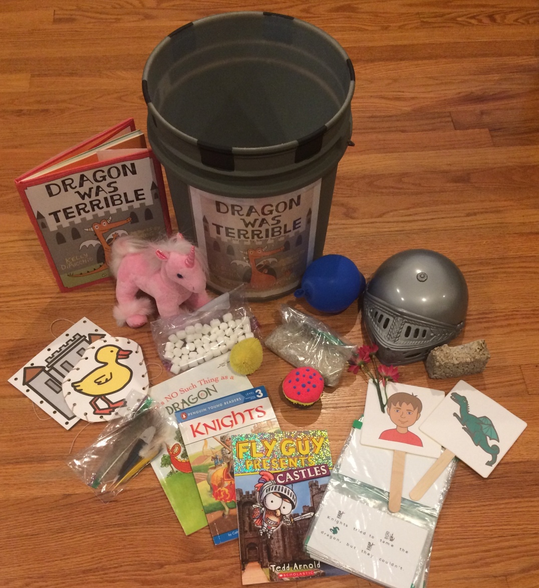a bucket with items for the storybox
