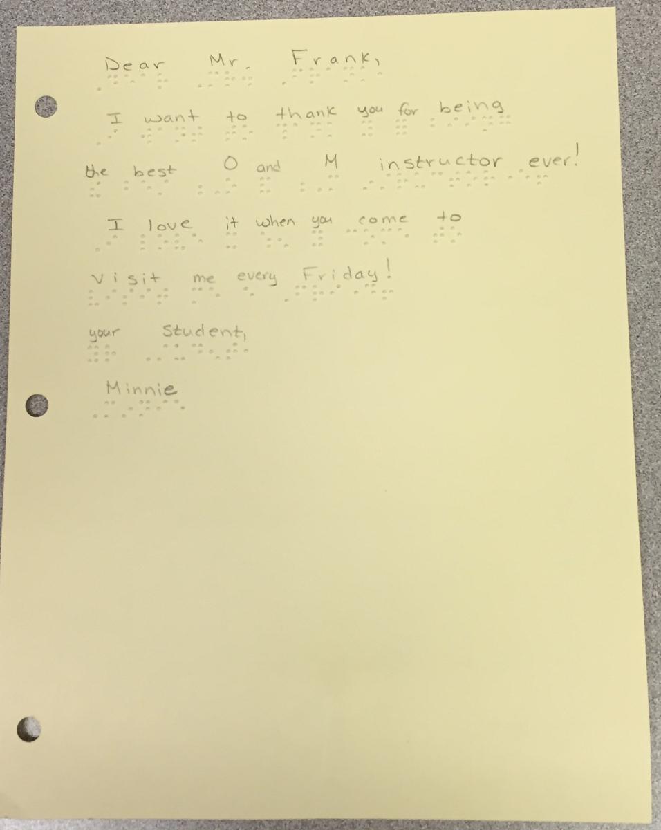 Figure 1: Braille letter -- Click to view. Thank you note in print and braille