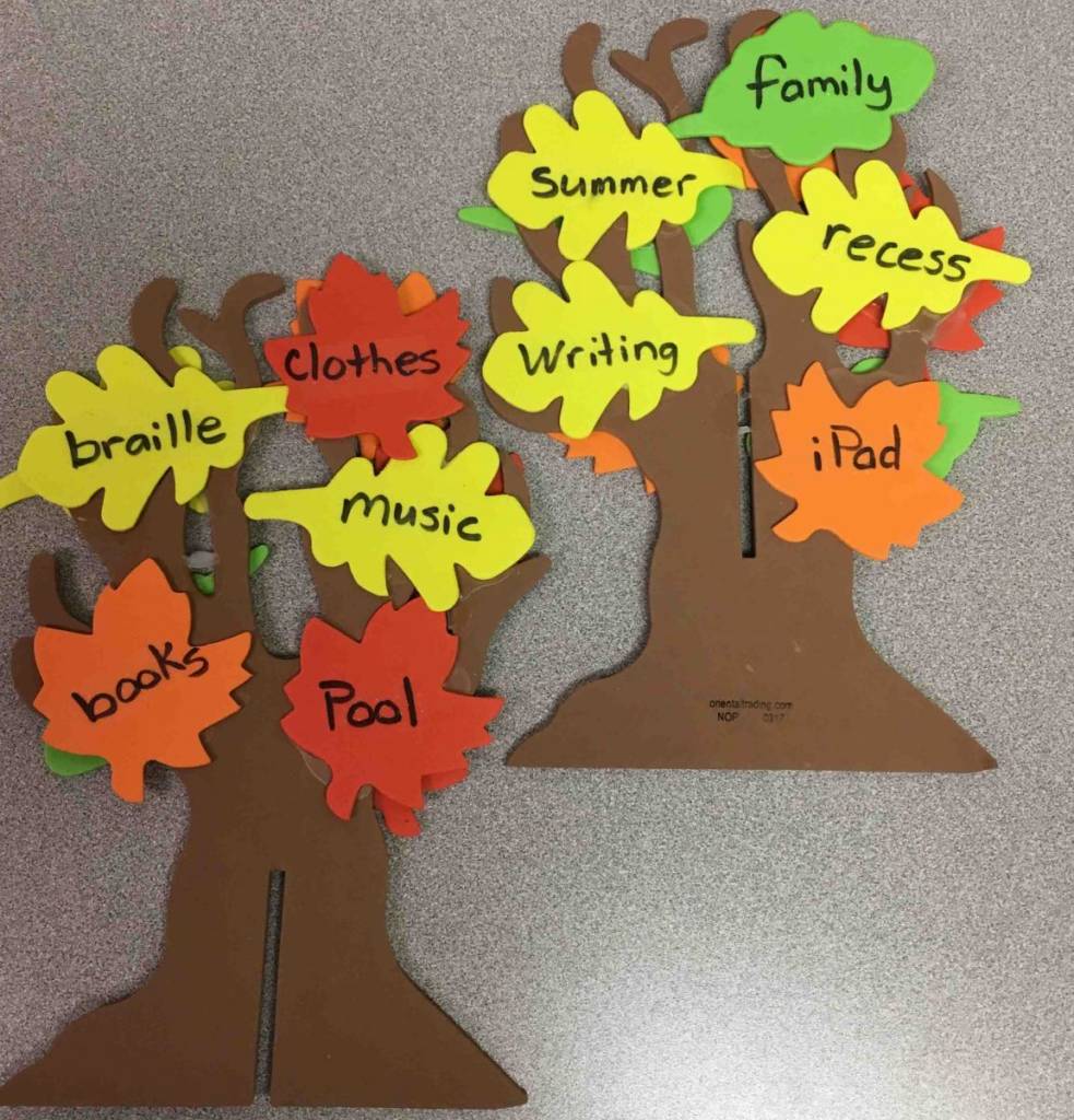 Paper trees with colorful paper leaves on them. Each leaf with a word describing what the student is thankful for.