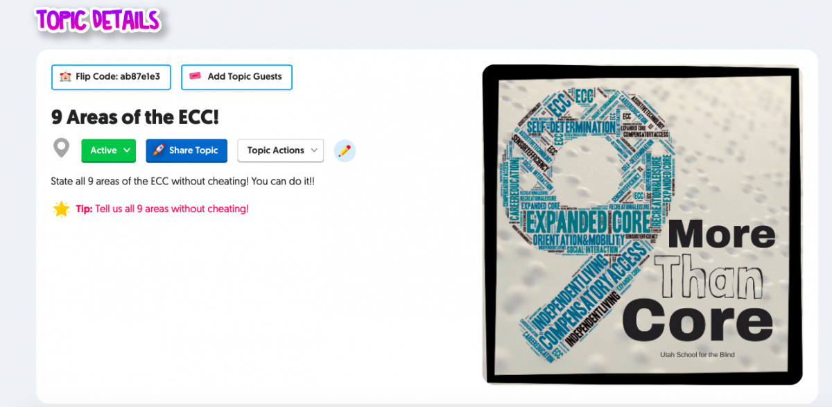 Flipgrid screen showing topic details: 9 Areas of the ECC