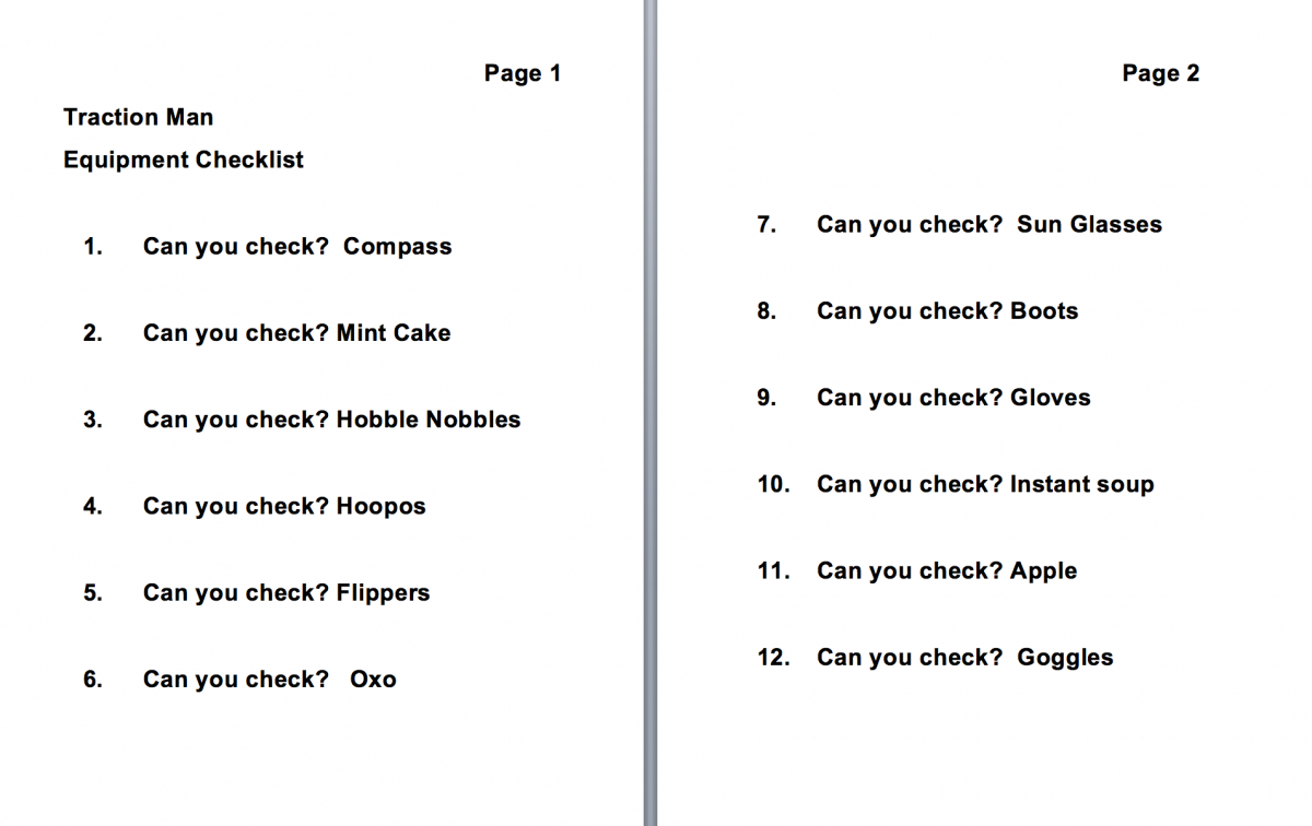Traction Man Equipment Checklist