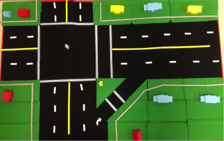 Tactile model of a traffic intersection showing, lanes, crosswalk, etc.