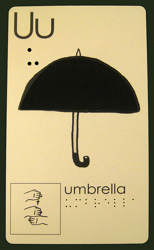 Alphabet card with braille, print, sign, and texture -- U for Umbrella