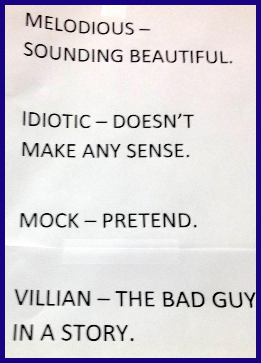 Example of weekly vocabulary list Vocabulary list