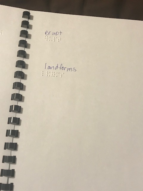 More volcano key words in print and braille: erupt and landforms More volcano key words: erupt and landforms