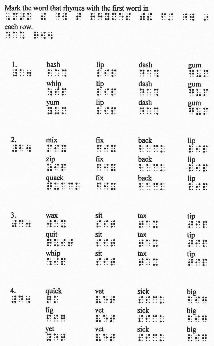 Example of how the print layout from a WRS workbook page was modified into a simplified format so it is easier to read by an early braille reader