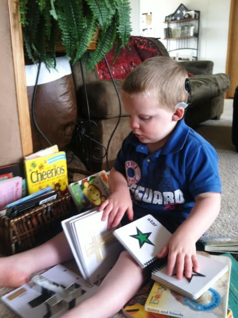 Young boy reading looking at tactile books