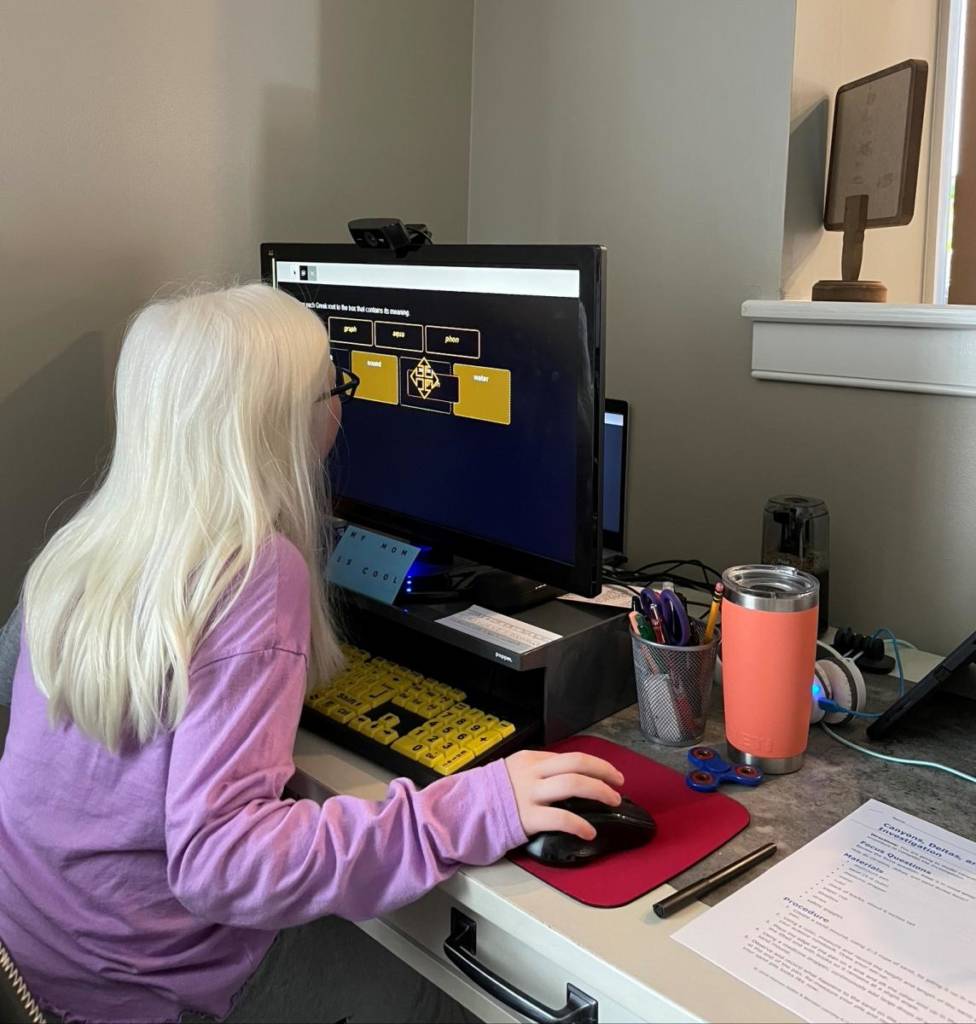  working at home on her large screen with a large print keyboard.