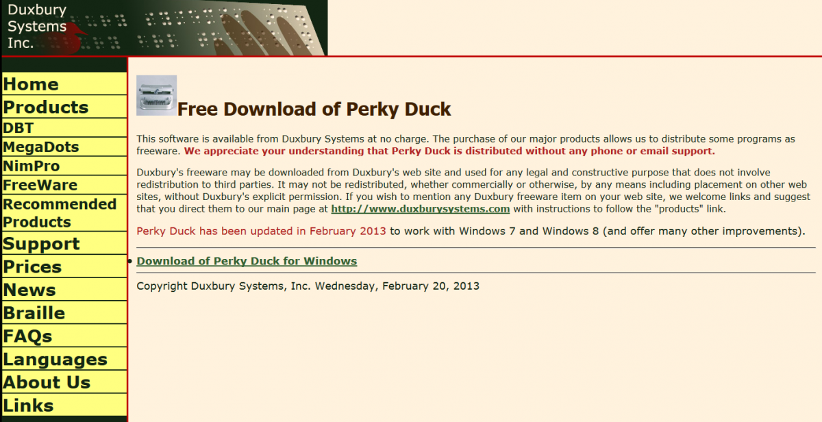 Free download of Perky Duck from Duxbury Systems