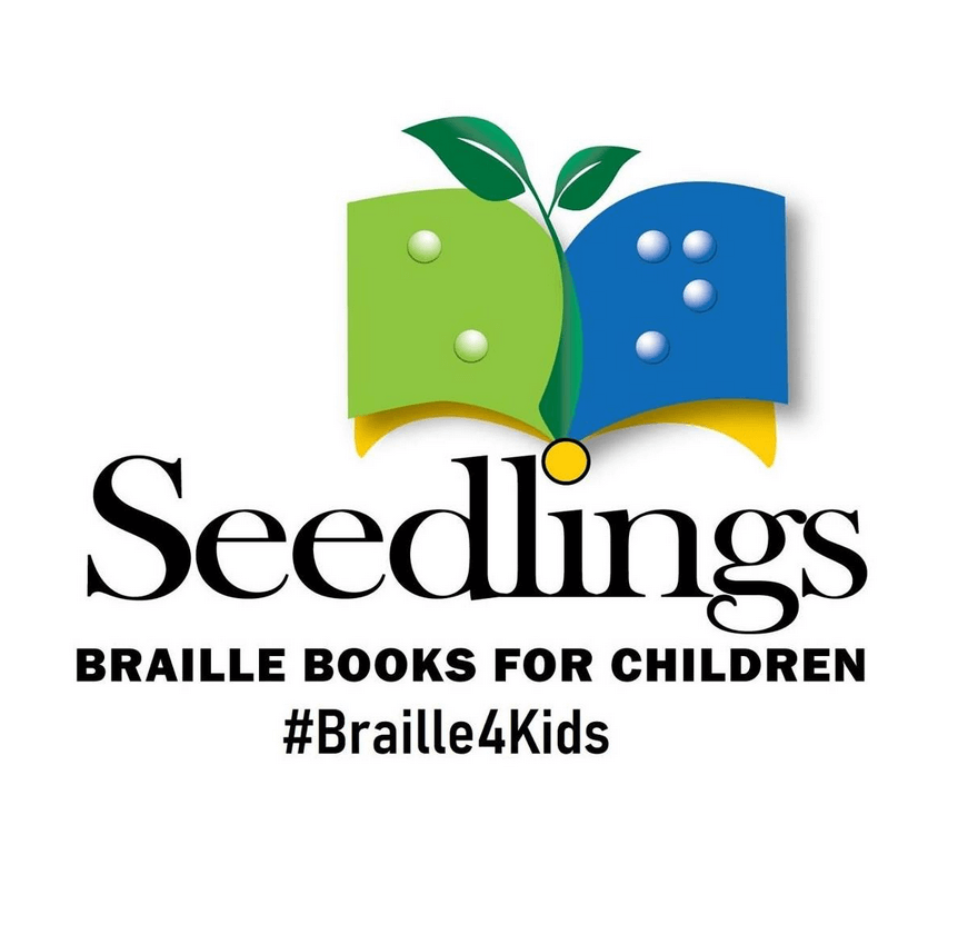 Seedlings logo with an open book and leaves behind it and under the Seedlings title reads braille books for children