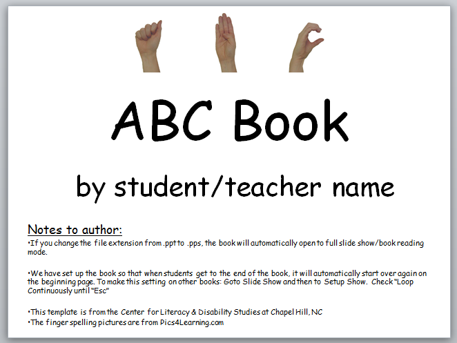 Screenshot of ABC power point book with finger spelling alphabet.