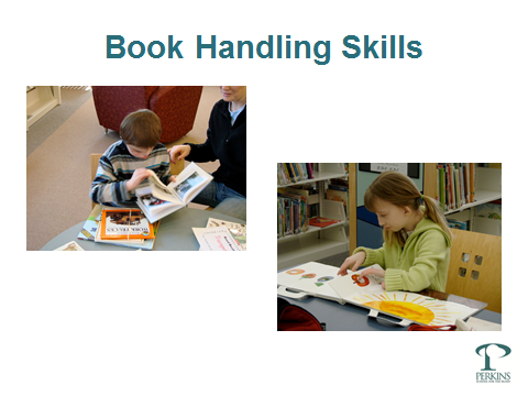 Power point slide showing two photos of children handling books and title 