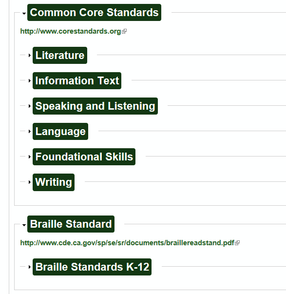 Screenshot of Common Core and Braille Standards