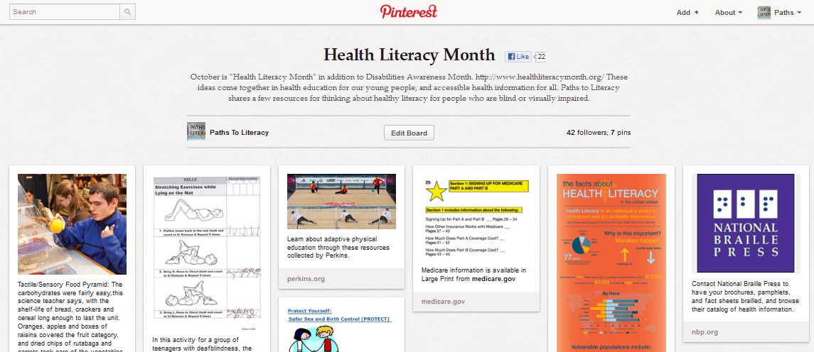 Screenshot of Paths to Literacy Pinterest page