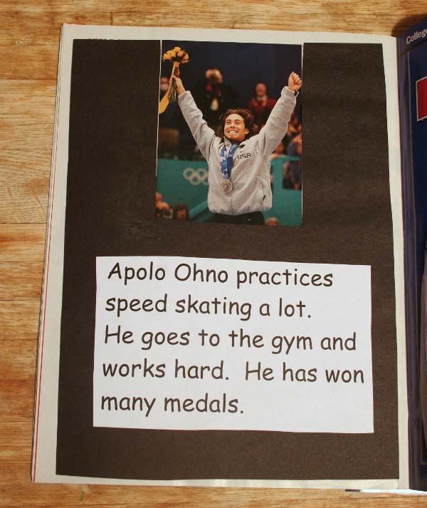 Photo of modified book showing athlete with simplified and enlarged text