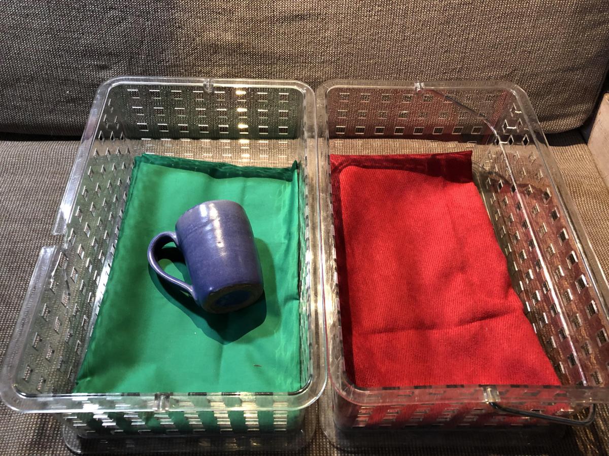 Two plastic bins, with blue ceramic mug on green cloth on left and empty bin with red cloth on right