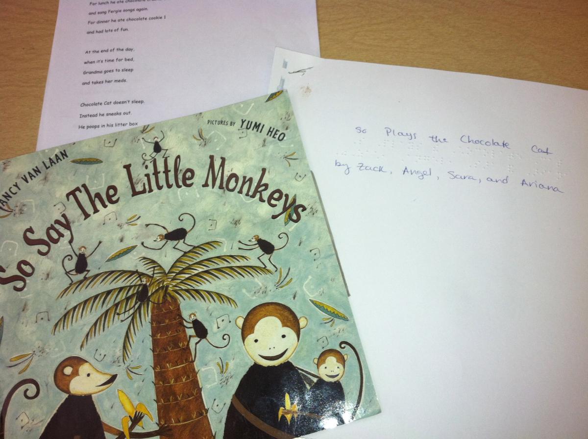 Image of cover of The Little Monkeys with print and braille versions of the adapted story