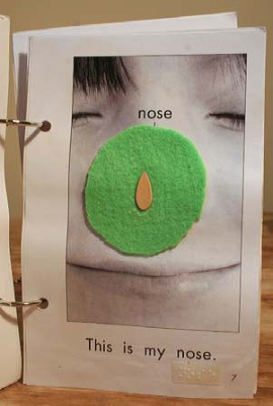 Modified picture with textures and simplified text showing a child's nose