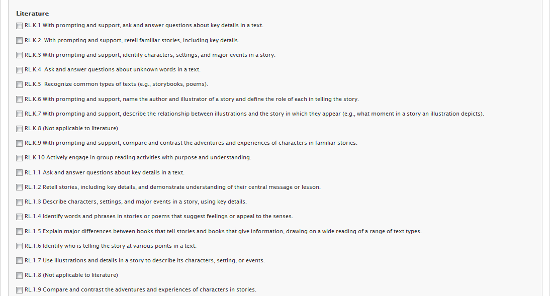 Screenshot of Common Core standards for Literature