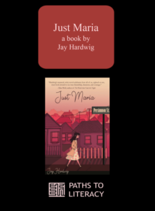 Just Maria title with an illustration of the book cover that shows a girl walking along a sidewalk, using her cane, with houses in the background.