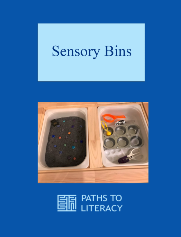 Sensory Bin title with a picture of a treasure chest sensory bin with fake jewels in sand wiht scoops