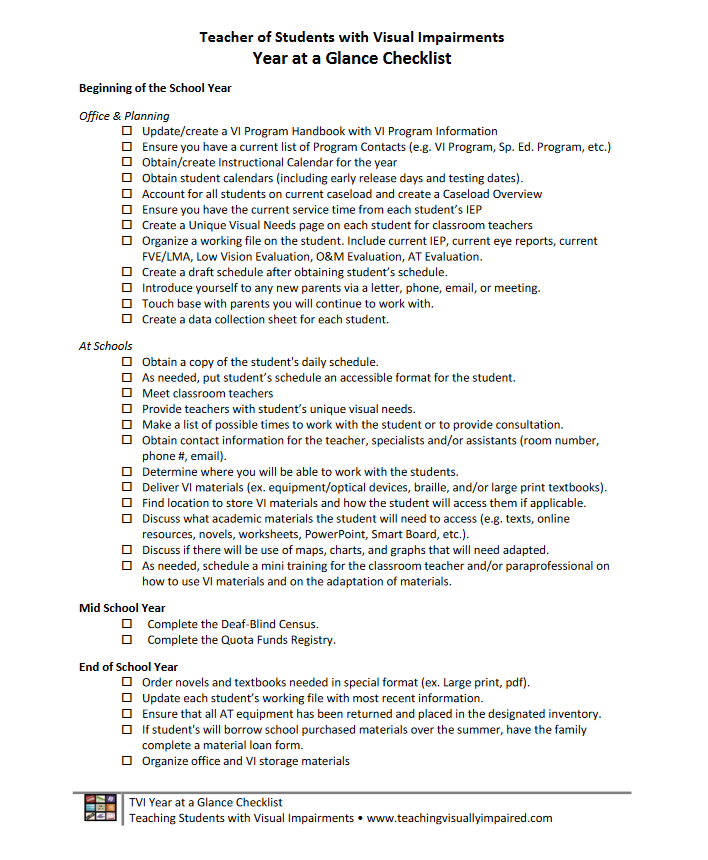 Year at a glance checklist available at teaching the visually impaired website