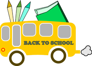 Illustrated bus with Back to School written on its side with a large book and pencil on top of it