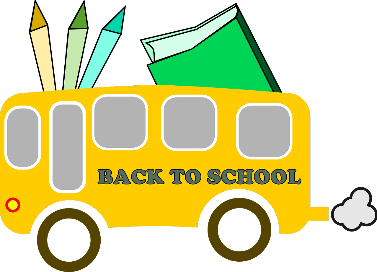 Illustrated bus with Back to School written on its side with a large book and pencil on top of it