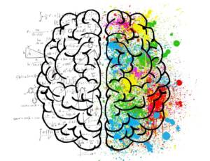 Illustration of a brain with one side having math equations and one side having splatters of colors.