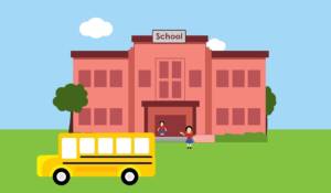 Illustration of a school building with a couple students at the front and a school bus too.