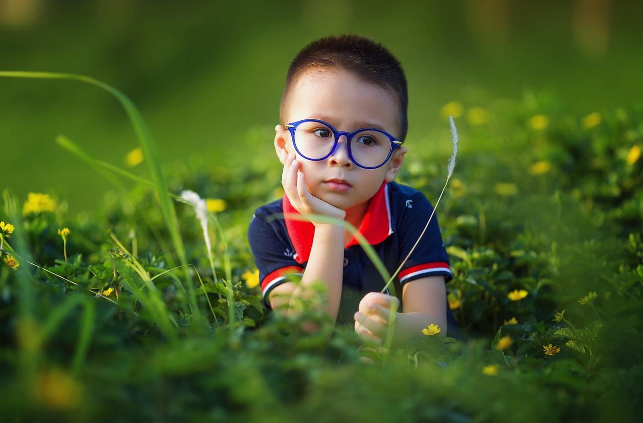 Little boy in a grassy field, sitting and thinking with glasses on