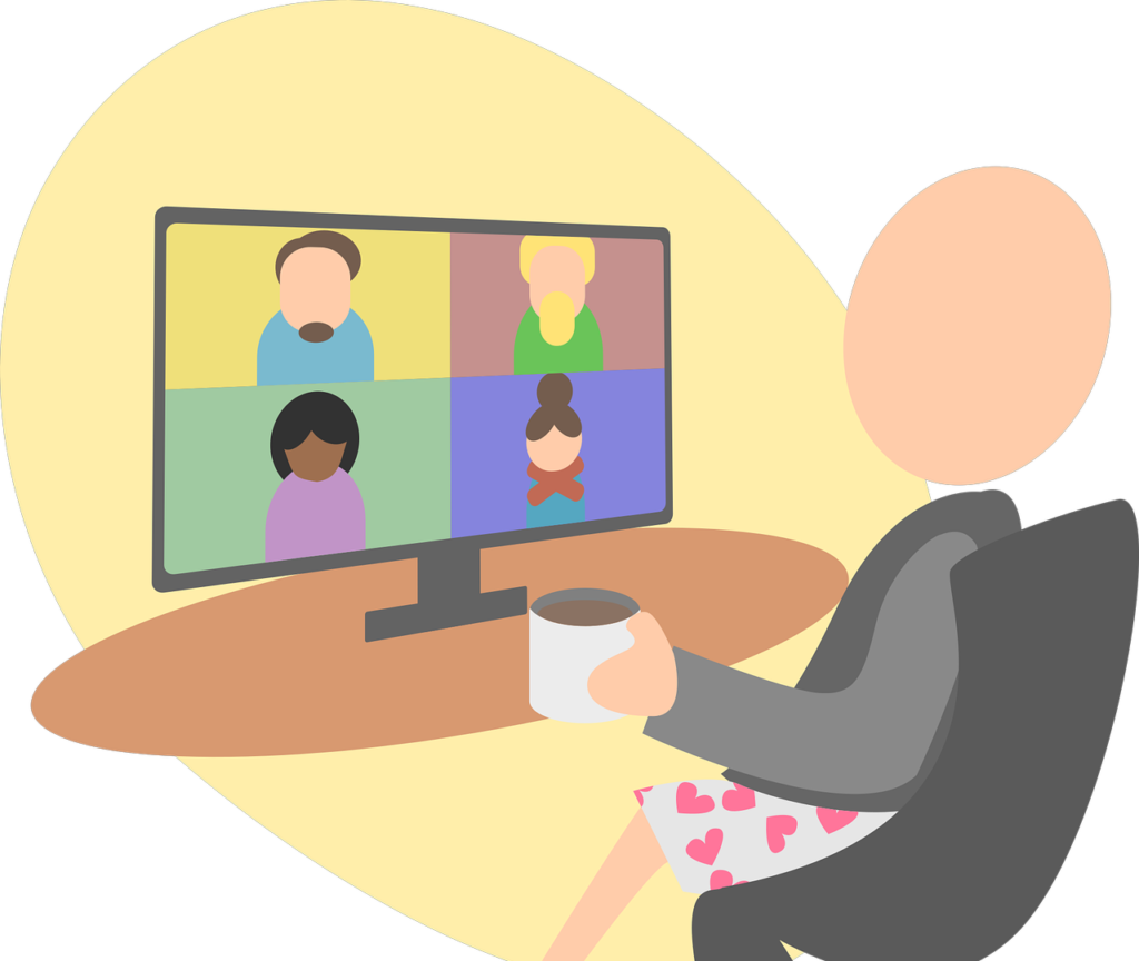 An on-line team meeting illustration with a lady at a desk interacting with 4 others on her computer screen.